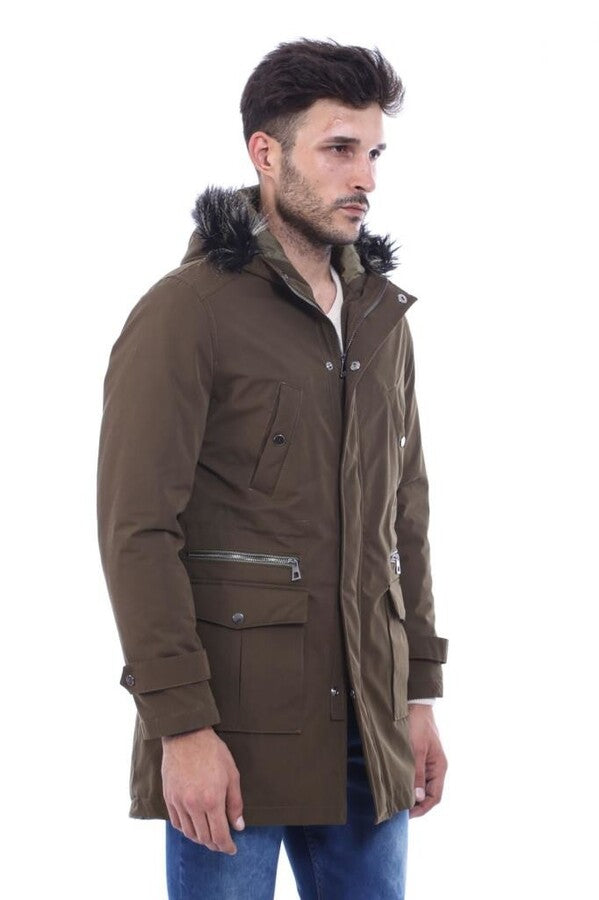 Fur Hooded Parka Khaki Men Coat - Wessi