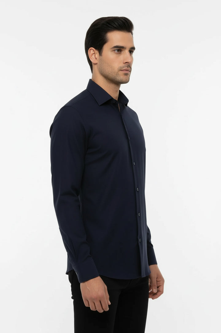 Plain Long Sleeves Regular Fit Navy Blue Men Shirt - Wessi