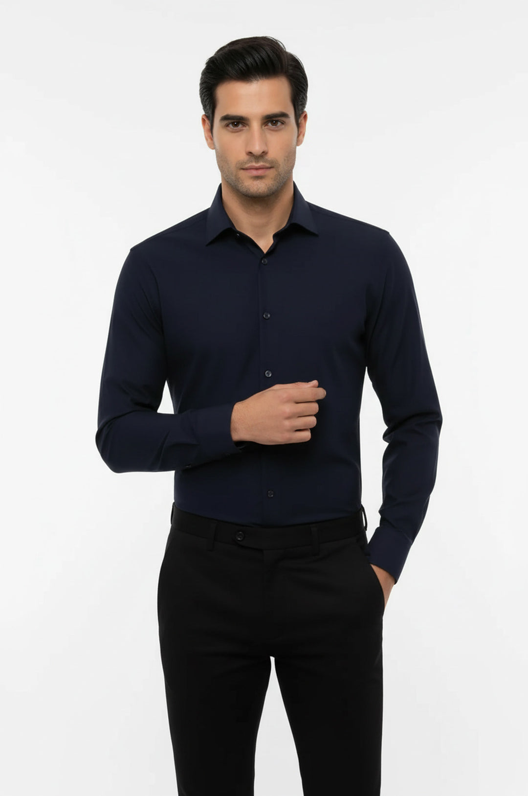 Plain Long Sleeves Regular Fit Navy Blue Men Shirt - Wessi