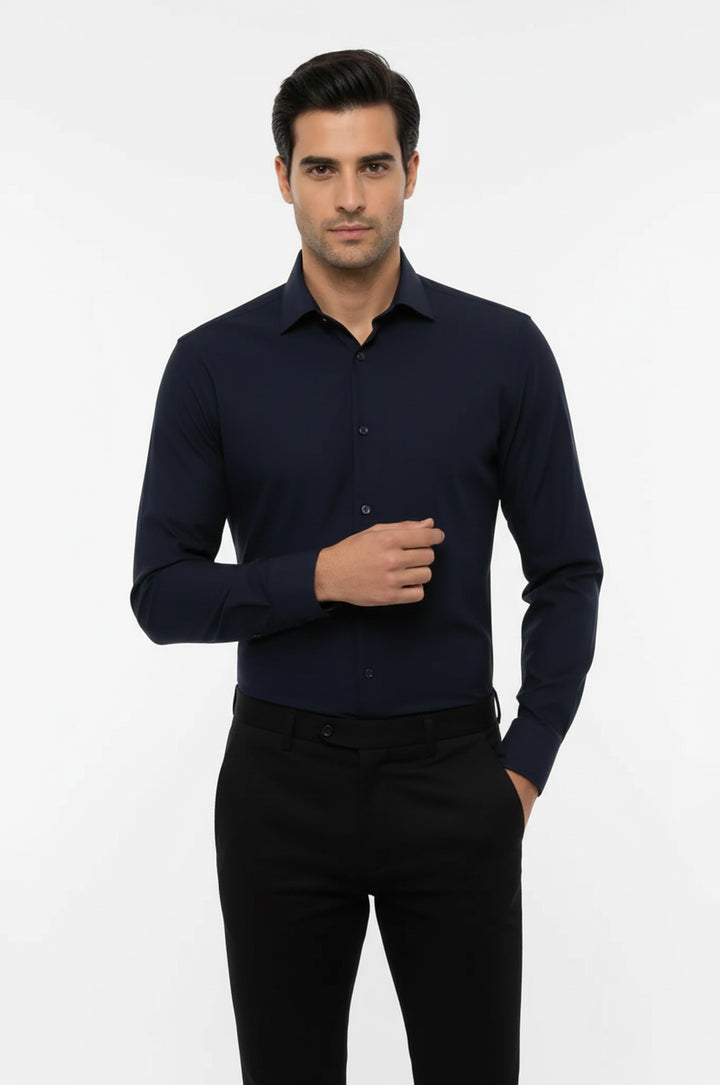Plain Long Sleeves Regular Fit Navy Blue Men Shirt - Wessi