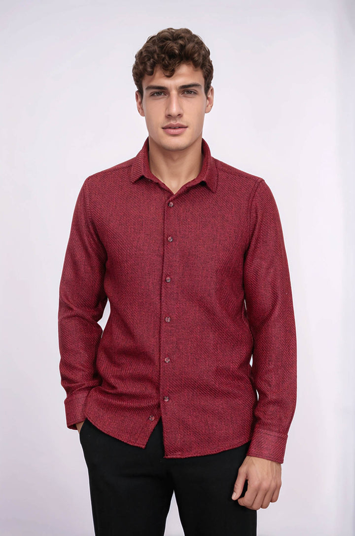 Slim Fit Cotton Plain Burgundy Men Lumberjack Shirt - Wessi