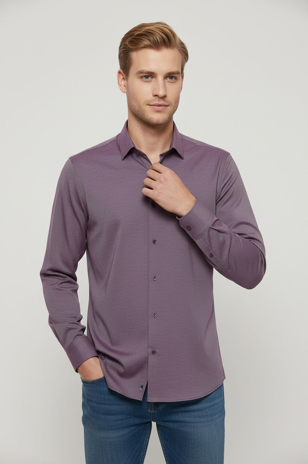 قميص طويل الأكمام منقوش باللون العنابي - ويسي