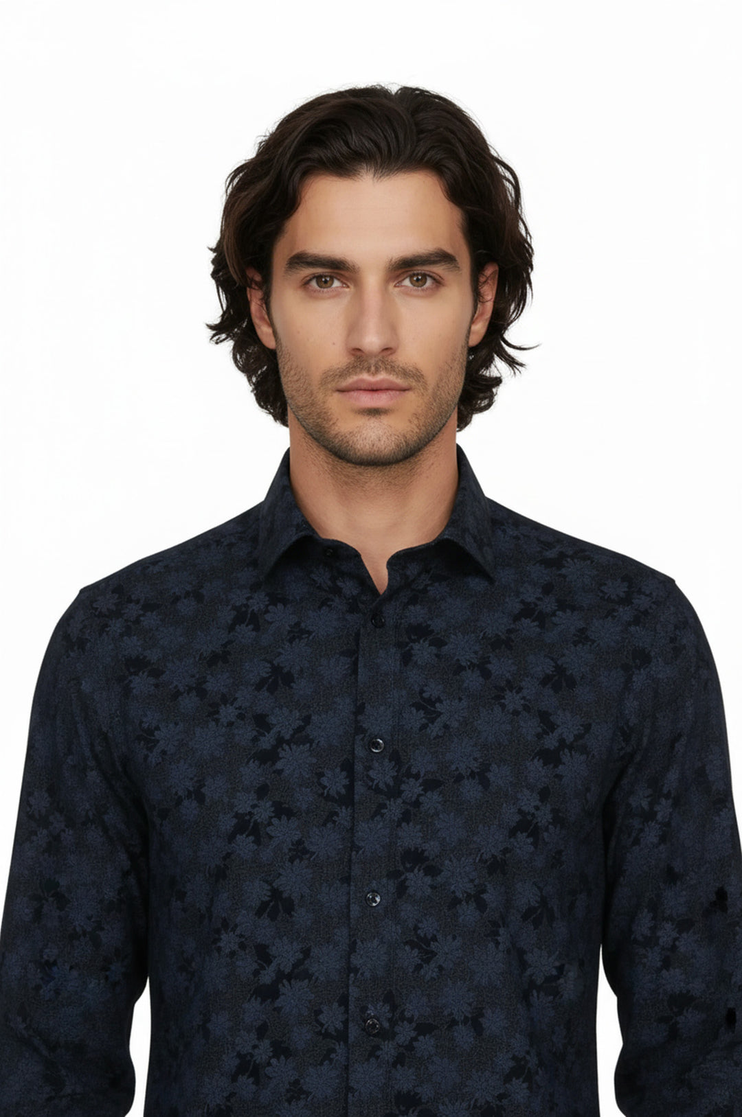 Çiçek Desenli Koyu Mavi Slim Fir Gömlek - Wessi