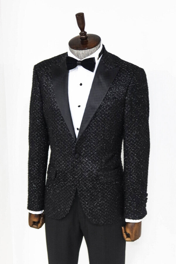 Gingham Patterned Glitter Black Men Prom Blazer - Wessi