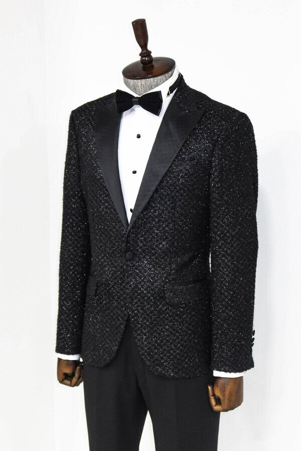 Gingham Patterned Glitter Black Men Prom Blazer - Wessi