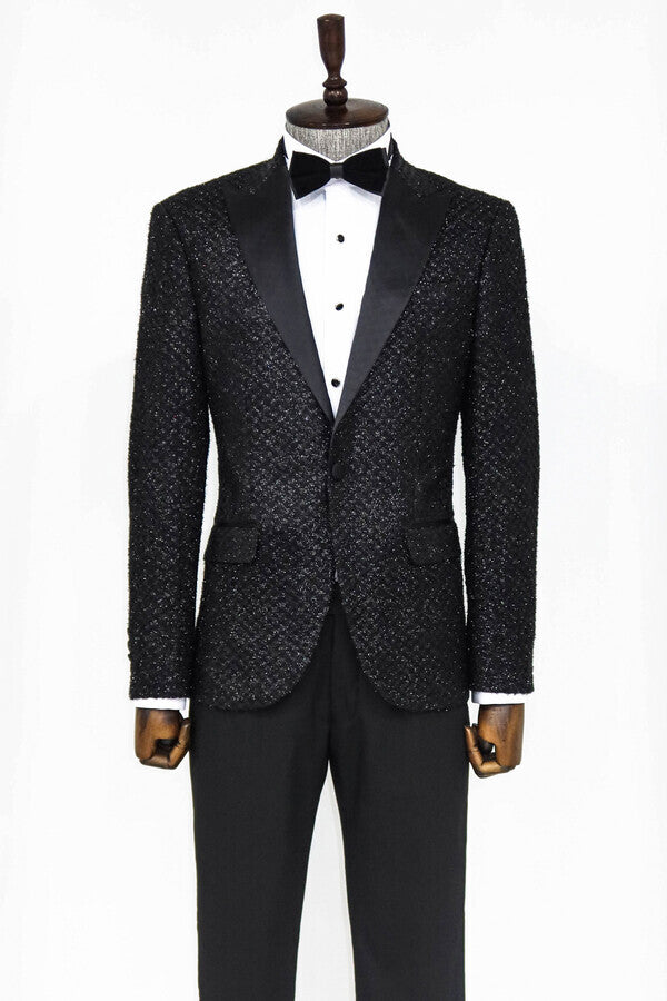 Gingham Patterned Glitter Black Men Prom Blazer - Wessi