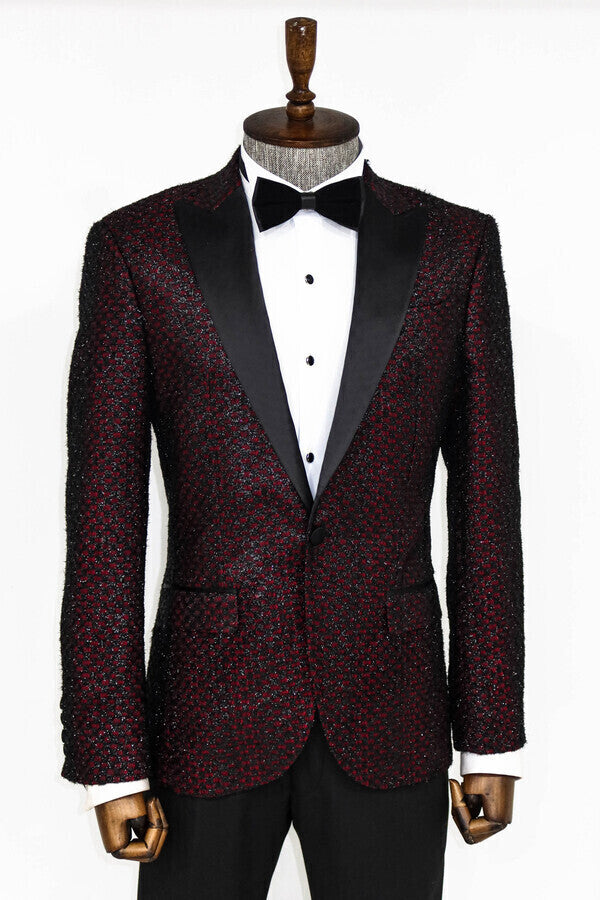 Blazer de fiesta para hombre con estampado de cuadros vichy en color burdeos brillante - Wessi