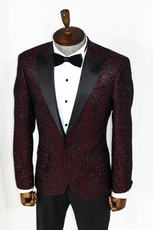 Gingham Patterned Glittery Burgundy Men Prom Blazer - Wessi