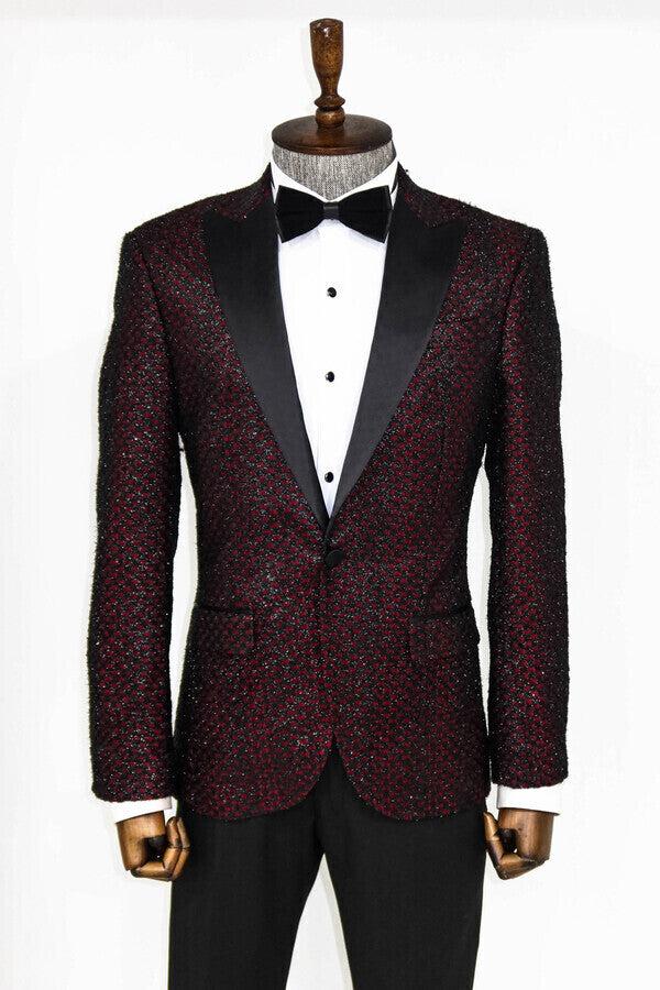 Gingham Patterned Glittery Burgundy Men Prom Blazer - Wessi