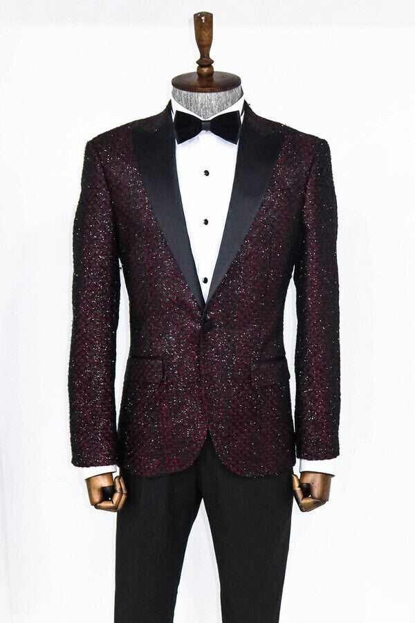 Gingham Patterned Glittery Burgundy Men Prom Blazer - Wessi