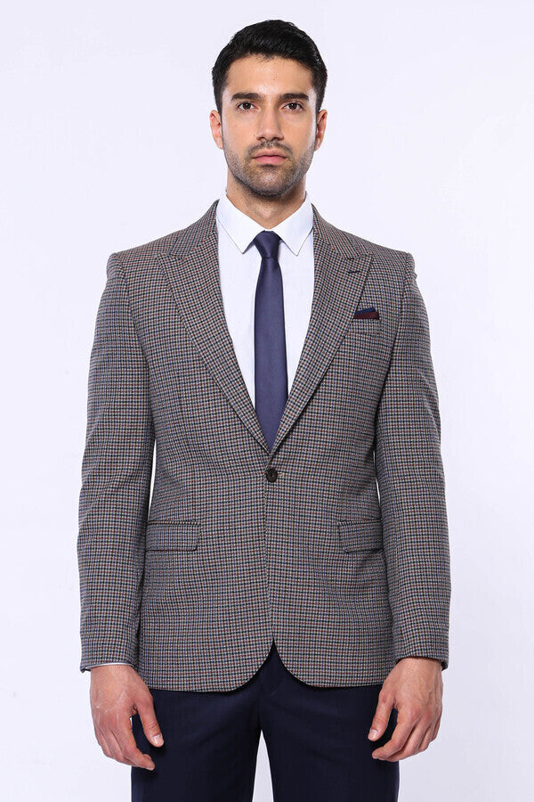 Gingham Slim Fit Brown Men Blazer - Wessi