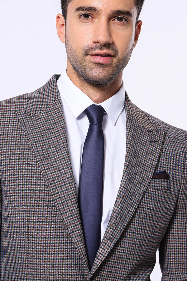 Gingham Slim Fit Brown Men Blazer - Wessi