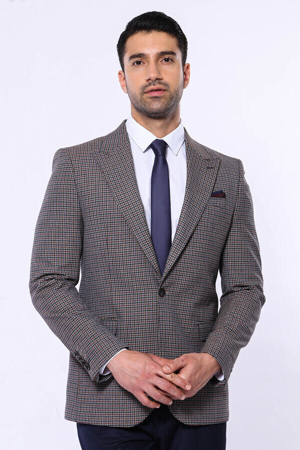 Gingham Slim Fit Brown Men Blazer - Wessi