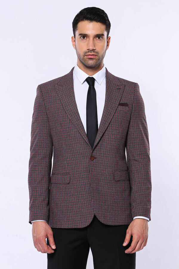 Gingham Slim Fit Single Button Black Men Blazer - Wessi