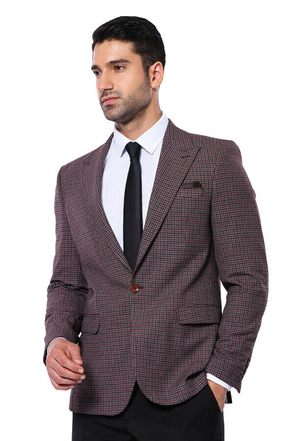 Gingham Slim Fit Single Button Black Men Blazer - Wessi