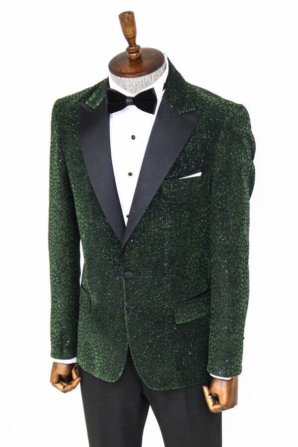 Blazer de fiesta para hombre de color verde oscuro con estampado floral y purpurina - Wessi