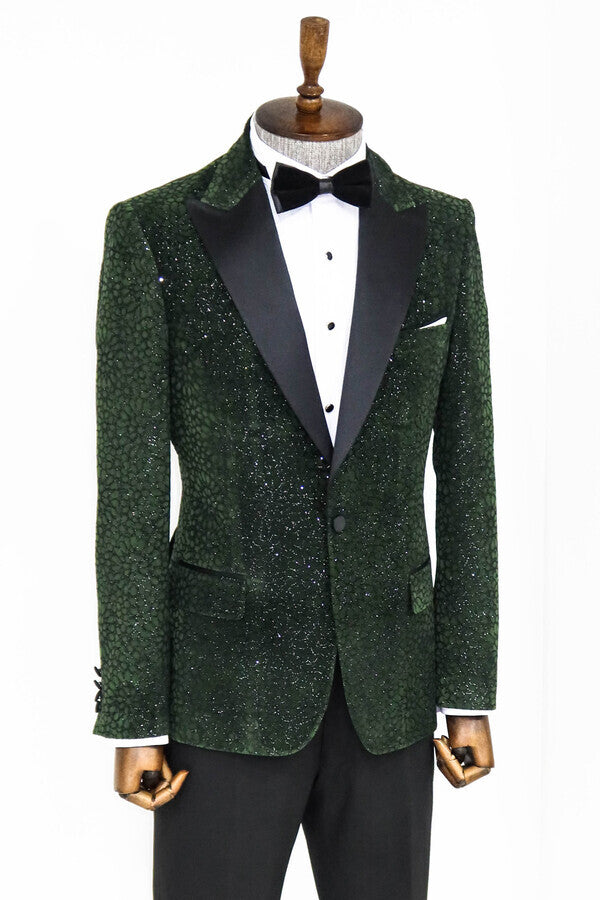 Blazer de fiesta para hombre de color verde oscuro con estampado floral y purpurina - Wessi