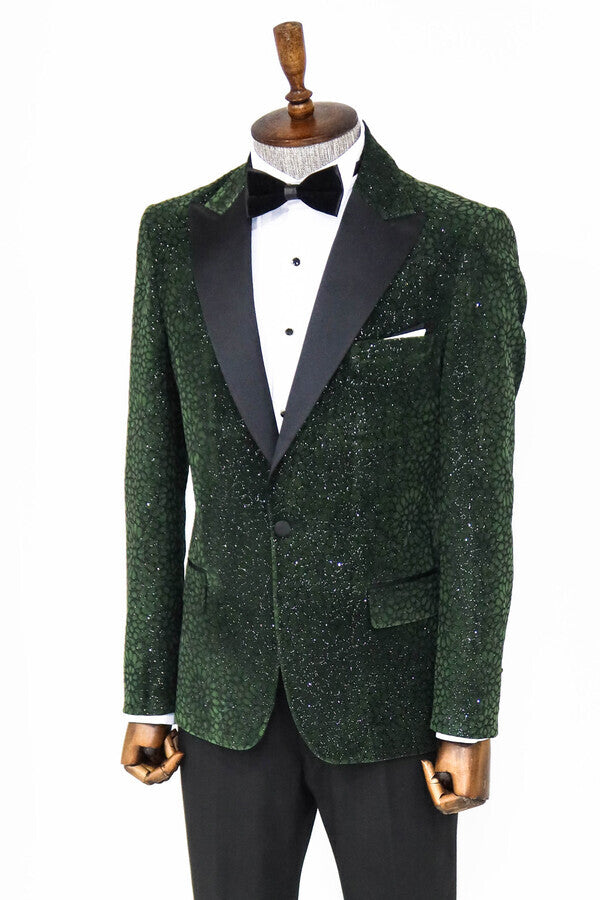 Glitter Floral Patterned Dark Green Men Prom Blazer - Wessi