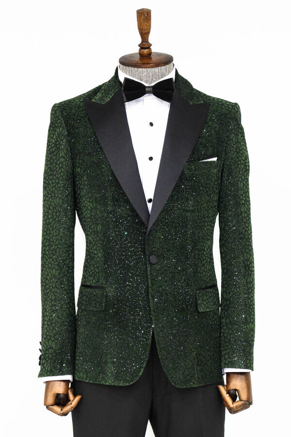 Blazer de fiesta para hombre de color verde oscuro con estampado floral y purpurina - Wessi