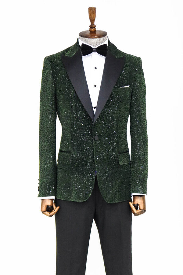 Blazer de fiesta para hombre de color verde oscuro con estampado floral y purpurina - Wessi