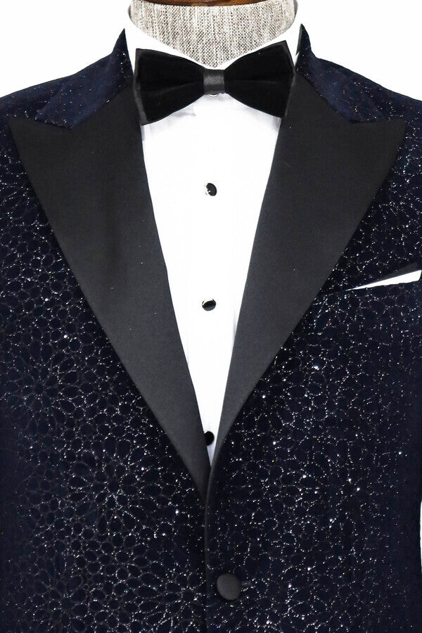 Blazer de fiesta para hombre en azul marino con estampado floral brillante - Wessi