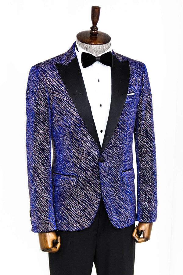 Glitter Pattern Slim Fit Navy Blue Men Prom Blazer - Wessi