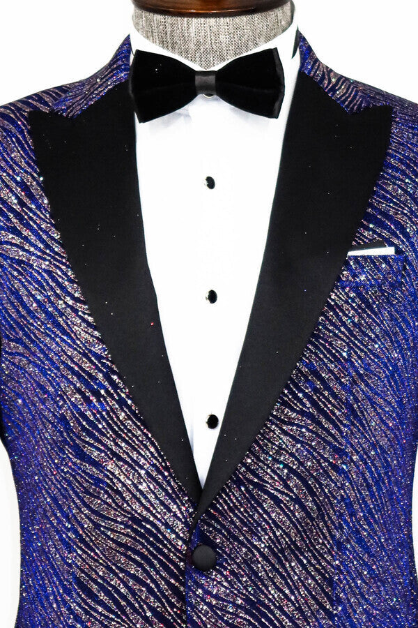 Blazer de fiesta ajustado con estampado de purpurina en azul marino para hombre - Wessi