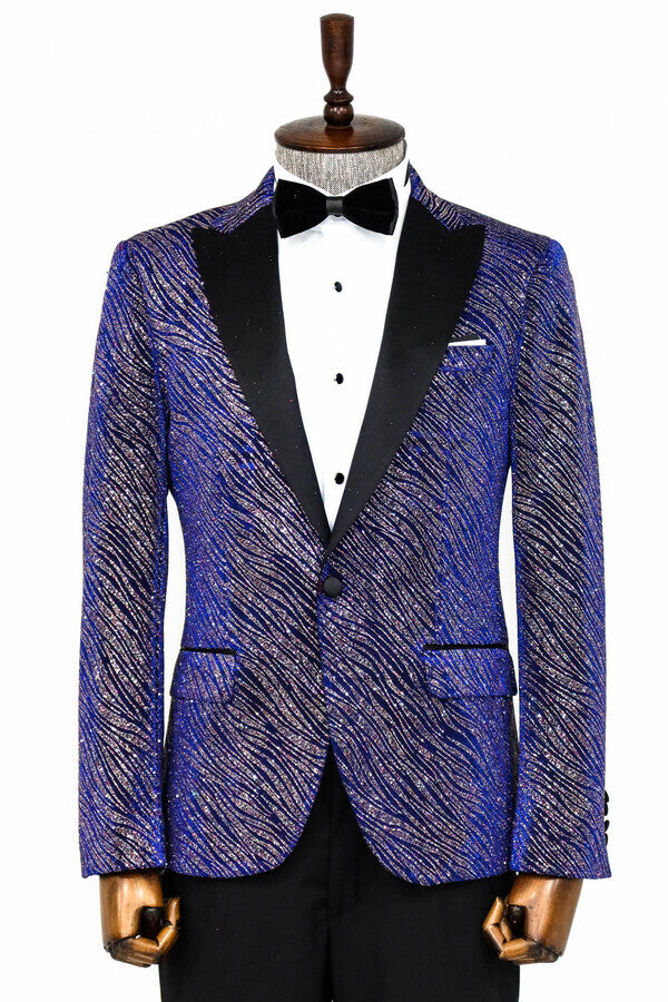 Glitter Pattern Slim Fit Navy Blue Men Prom Blazer - Wessi