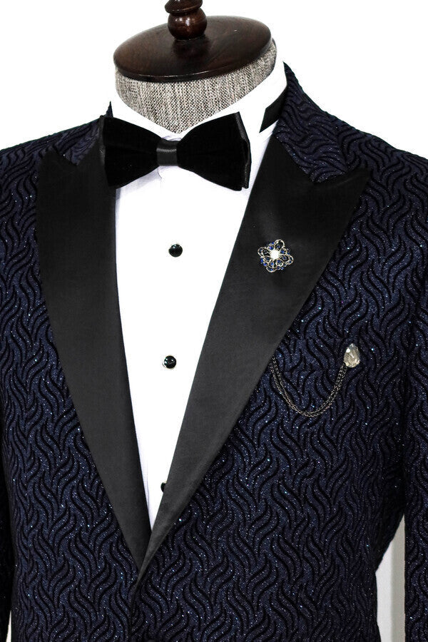 Glitter Shiny Navy Blue Men Prom Blazer - Wessi