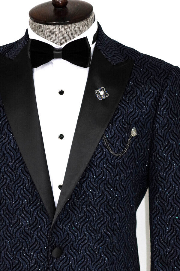 Glitter Shiny Navy Blue Men Prom Blazer - Wessi