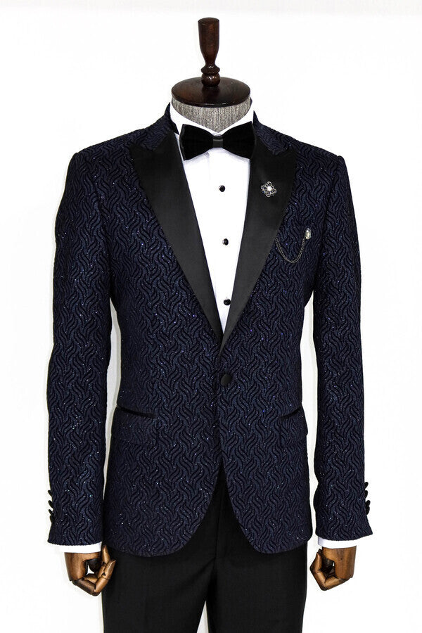 Glitter Shiny Navy Blue Men Prom Blazer - Wessi