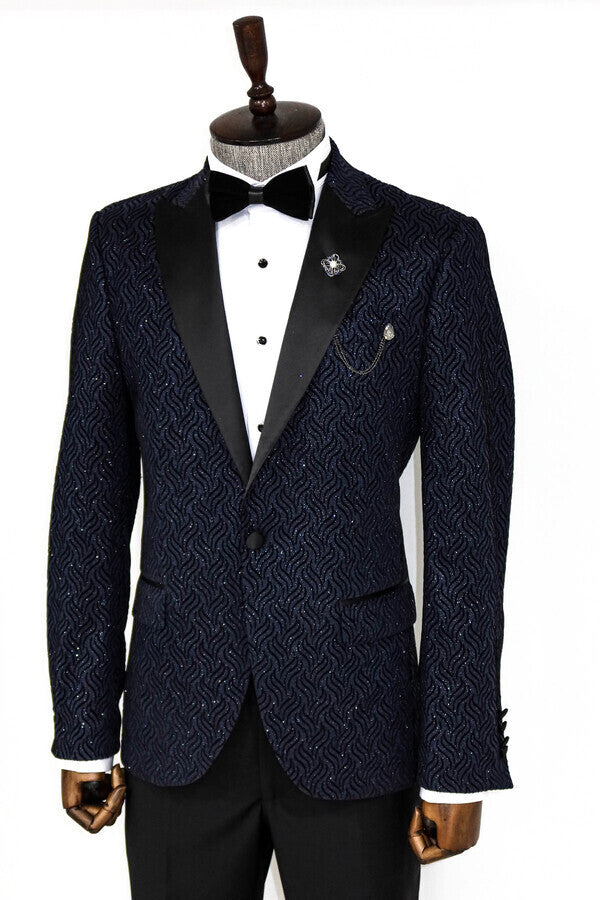 Glitter Shiny Navy Blue Men Prom Blazer - Wessi