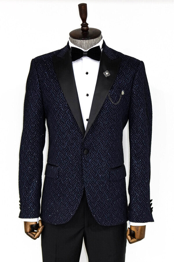 Glitter Shiny Navy Blue Men Prom Blazer - Wessi