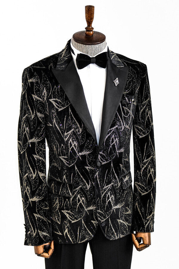 Blazer ajustado de color negro brillante para hombre para fiesta de graduación - Wessi