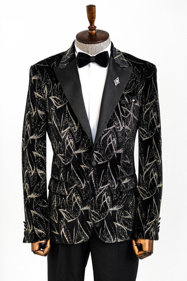 Glittery Slim Fit Black Men Prom Blazer - Wessi