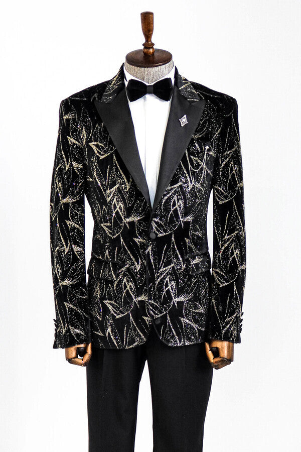 Blazer ajustado de color negro brillante para hombre para fiesta de graduación - Wessi