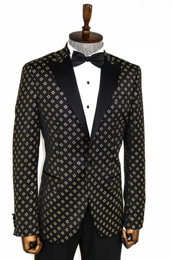 Blazer de esmoquin negro con estampado de diamantes dorados - Wessi