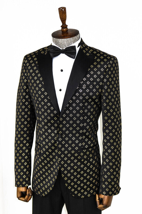 Blazer de esmoquin negro con estampado de diamantes dorados - Wessi