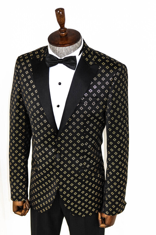 Blazer de esmoquin negro con estampado de diamantes dorados - Wessi