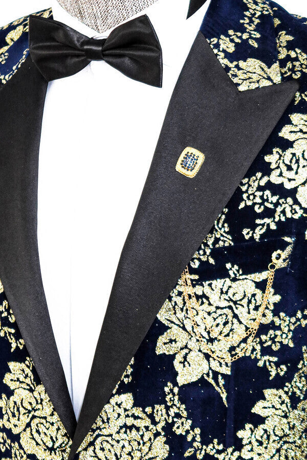 Gold Floral Patterned Navy Blue Men Prom Blazer - Wessi