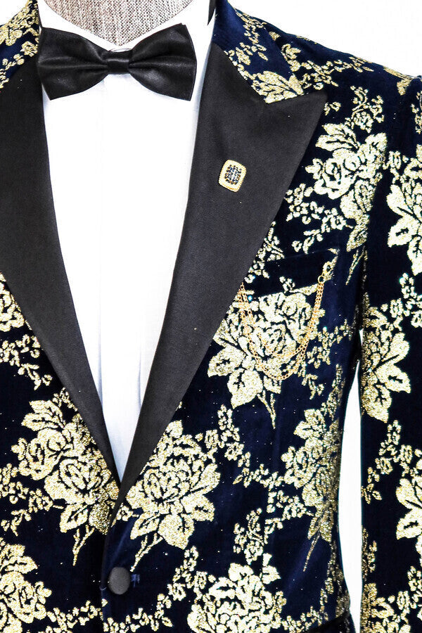 Blazer de fiesta para hombre azul marino con estampado floral dorado - Wessi