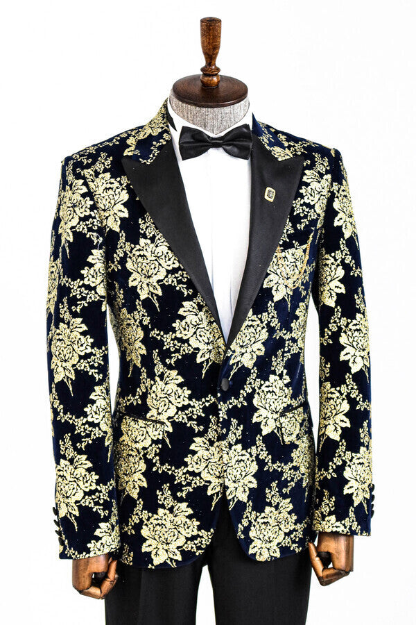 Gold Floral Patterned Navy Blue Men Prom Blazer - Wessi