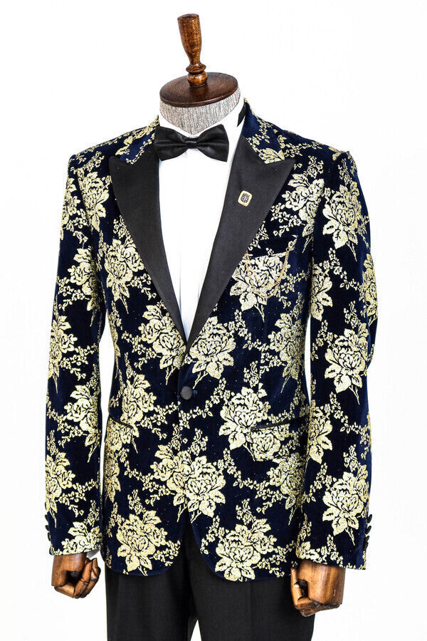 Gold Floral Patterned Navy Blue Men Prom Blazer - Wessi