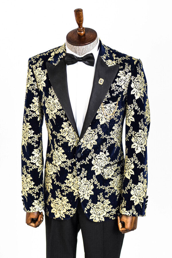 Blazer de fiesta para hombre azul marino con estampado floral dorado - Wessi