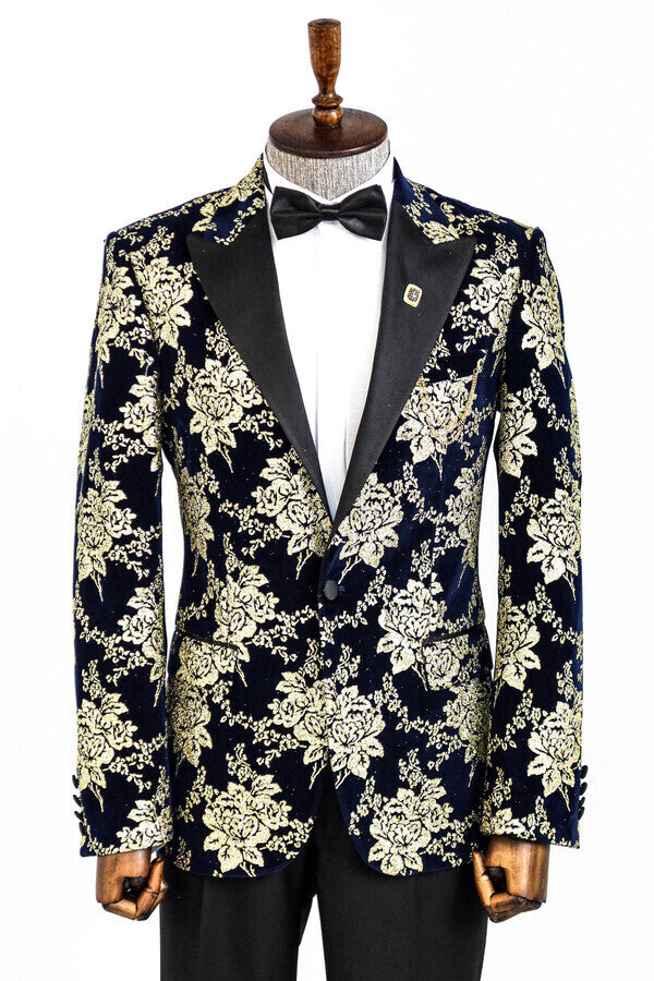 Gold Floral Patterned Navy Blue Men Prom Blazer - Wessi