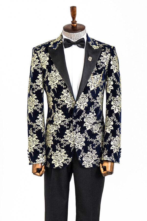 Gold Floral Patterned Navy Blue Men Prom Blazer - Wessi