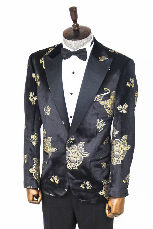 Gold Floral Patterned Shiny Black Men Prom Blazer - Wessi