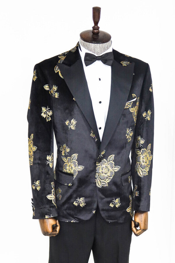 Blazer de fiesta para hombre negro brillante con estampado floral dorado - Wessi