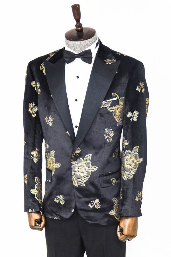 Gold Floral Patterned Shiny Black Men Prom Blazer - Wessi