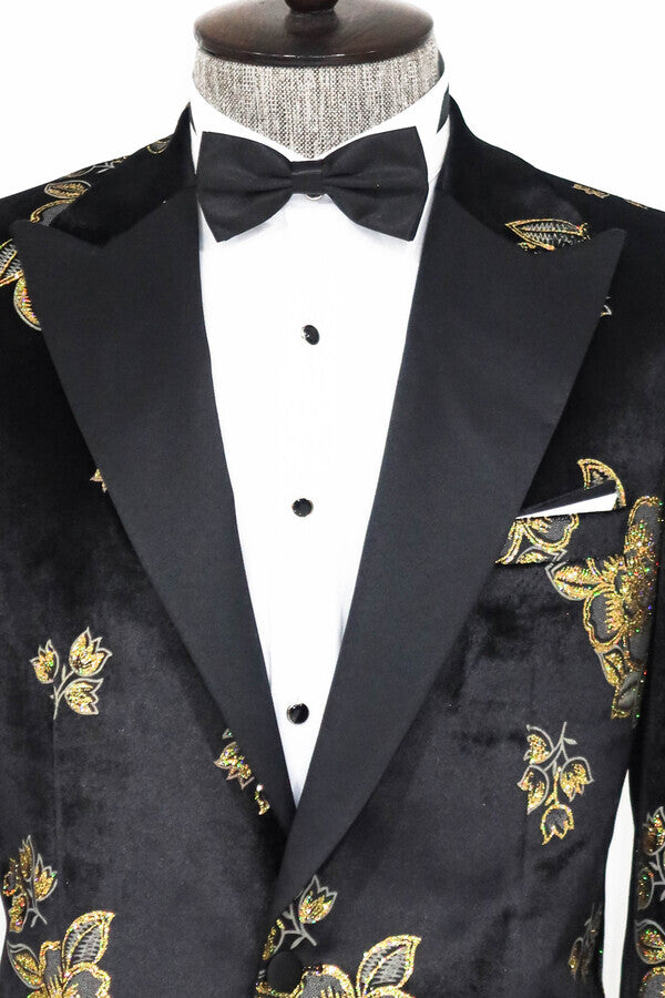 Blazer de fiesta para hombre negro brillante con estampado floral dorado - Wessi